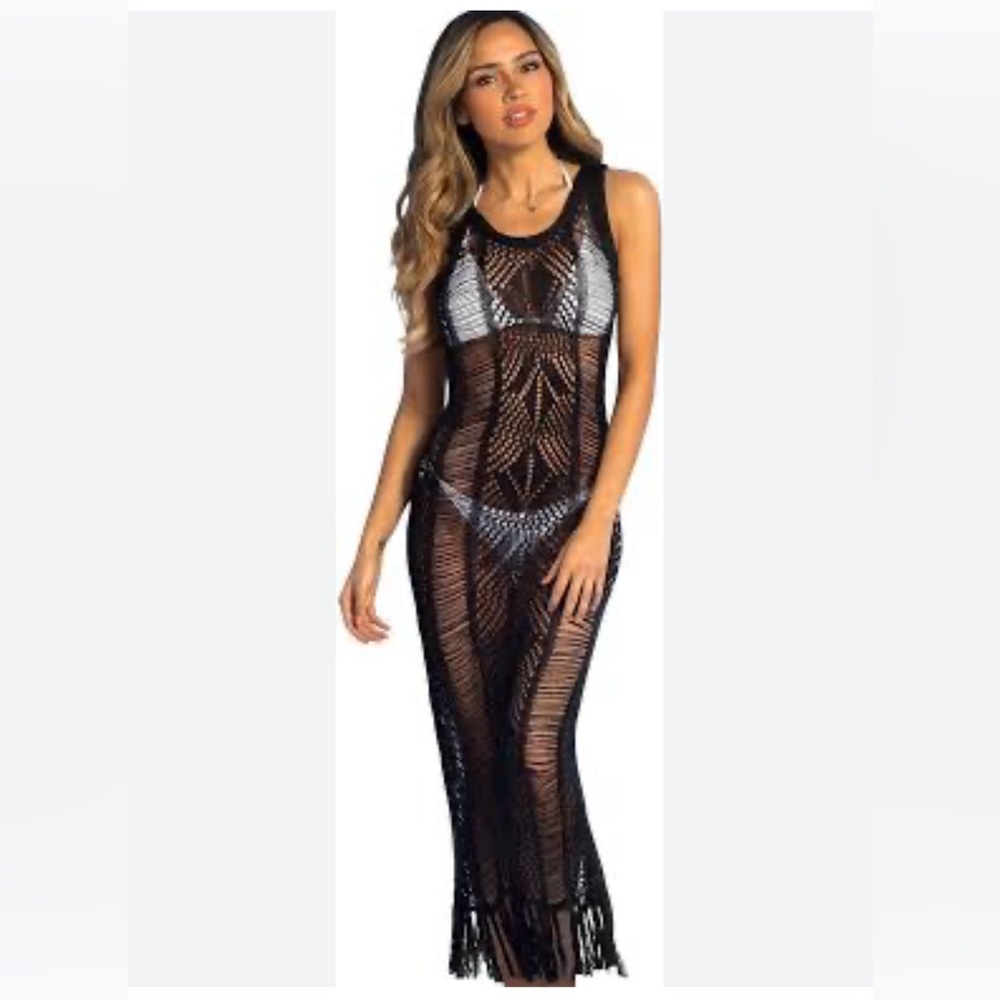 BLACK 100% POLYESTER SOFT CROCHET KNIT MAXI SLEEVELESS BEACH COVER ONE SIZE